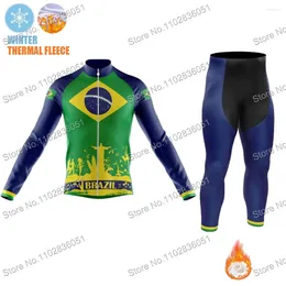 Racing Sets Brazil National Team 2024 Cycling Jersey Winter Set Clothing Men Road Bike Thermal Jacket Suit Bicycle Bib Tights MTB