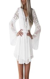 summer women girls white bohemian mini dress fashion spring solid lace casual clothes vneck long1749579