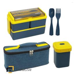 Dinnerware Student Bento Box 1400ml With Fork And Spoon Portable Microwave Healthy For Kids Set Grade Plastic Double Layer