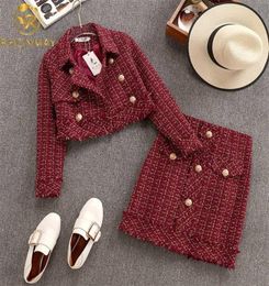 Autumn Winter Women Gold Doublebreasted Tweed Short Jacket Coat Bodycon Skirt Suit Tassels 2PCS Clothing Set Red Plaid 2111049068843
