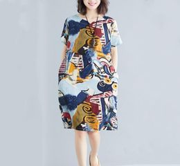 Short Sleeve Plus Size Dresses Cotton Vintage Floral Women Casual Loose Midi Summer Dress Elegant Clothes Ladies Sundress7465698