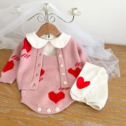 Clothing Sets 2024 Winter Ins Infant Girls Jumpsuit Knit Cotton Love Embroidery Baby Cardigan Straps Romper Sweet Cute Toddler Girl 3PCS