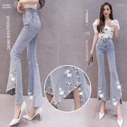 Women's Jeans Vintage Flare Pants Women Denim Pearls Beaded Skinny Stretchy Irregular Long Mom