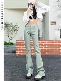 Women's Jeans Flare Women Green Vintage Denim High Waist Stretch Fashion Pocket Trousers Solid Color Wide Leg Washed Jean Plus Length