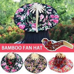 Wide Brim Hats Women Folding Fan Hat 2 In 1 Portable Foldable Bamboo Travel Floral Beach Sunscreen Summer Hand Cap Sun Br N4C8