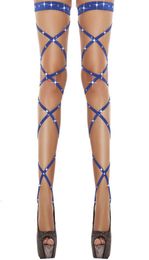 Hirigin Sexy Women Lingerie Bandage Fishnet Stockings Thighhigh Crystal Studded Thigh High Leg Rave Wraps Strappy Tights9228899