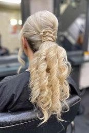 Ponytail Hair Extension with Magic Paste Real Human Hair Natural Pony Tail curly One piece Hairpieces Bleach Blonde #613