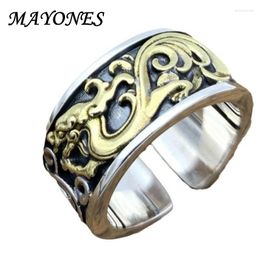Cluster Rings 925 Sterling Silver Ring For Men's Wide Grass Dragon Pattern Open Thai Retro Trendy Personalised Jewellery