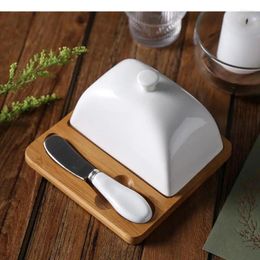 Dinnerware Sets Ceramic Butter Dish With Knife Set Bamboo Wooden Tray Household Luxury Art White Cake Dessert Plate Lid