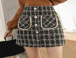 Tweed Skirts Women Autumn Winter Button Mini Pencil Skirts Plaid Wool Skirts Korean High Waist Elegant Tweed Skirt Lady 2104261288905