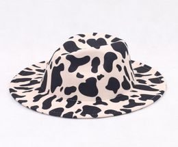 2021 New Black White Cow Print Wide Brim Fedora Hats for Women Party Festival Dress Men Jazz Cap Goth Top Vintage Wedding Hat2311843
