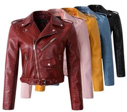 Nuove donne della moda Autunm Winter Winter Red Leather Bomber Jackets Lady Motorcycle Cool Outer Coat con cintura 9418414