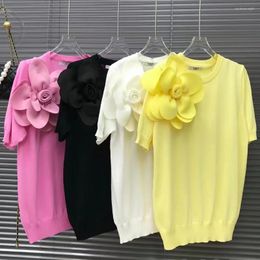 Women's Sweaters 3D Flower Stitch 2024 Summer Sweater Knitted Pullover Loose O-Neck Short Sleeve Tops