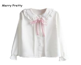 Merry Pretty Women Blouses Girls Autumn Long Sleeve Peter Pan Collar Pink Bowknot White Chiffon Blouse Shirt School Uniform Top 219314387