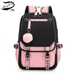 Fengdong large school bags for teenage girls USB port canvas schoolbag student book bag fashion black pink teen school backpack 240515