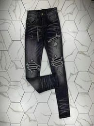 HM510 High quality Mens jeans Distressed Motorcycle biker jean Rock Skinny Slim Ripped hole stripe Fashionable snake embroidery De3141889