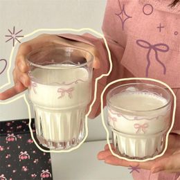 Wine Glasses Kawaii Bowknot Glass Cup Aesthetic Cute Korean Cups For Cold Coffee Juice Milk Drinking Ice Cream Dessert