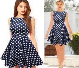 2016 Sexy Summer Dots Dress Fashion Women Dresses Plus Size Runway Vintage Pleated Skirt Casual Sleeveless Ladies Girl Party Blue 2753653