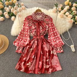 Casual Dresses 2024 Spring Design Sense Niche Print Vintage Lapel Fashion Dress Lantern Sleeve High Waist Bandage A-line