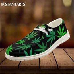 Casual Shoes INSTANTARTS Fashion Green 3D Leaves Design Soft Sneakers Lace Up Flats Men's Women Breathable Pumps Light Walking