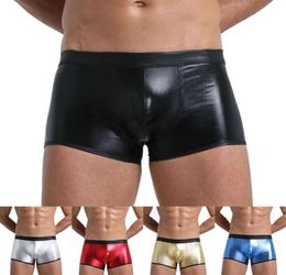 Underpants Men Shiny Faux Leather Boxer Underwear Wet Look Trunks Shorts Clubwear Penis Pouch PU Boxers Homem Soft Boxershorts Mal9551164