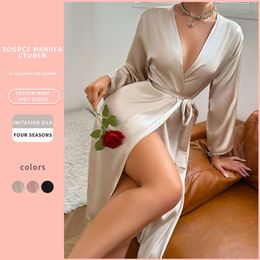 Danilin Summer Sexy Imitation Silk Nightgown Women's Long sleeved Fashion Casual Home Fury Long Lace Bathrobe Morning Robe