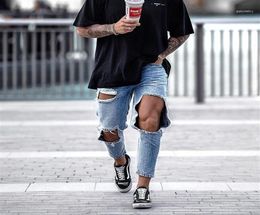 Men Knee Big Holes Ripped Skinny Jeans Streetwear Hip Hop Male Cotton Casual Jogger Blue Stretch Denim Trousers15339308