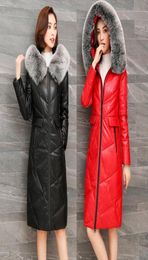 Down Sheepskin Genuine Leather Jacket for Women Winter Fur Collar Hooded Long Coats Large Size Chaqueta Mujer KJ6095692468