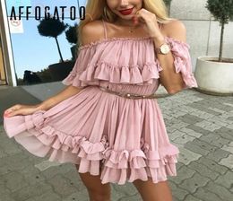 Affogatoo Elegant ruffle off shoulder strap summer pink dress women Casual chiffon pleated blue dress Loose holiday short3500480