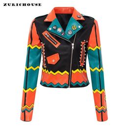 Learher Punk Jacket Women Slim Cropped Moto Biker Coat 2021 Fashion Hit Colour Graffiti Print Rivet Leather Jackets Women039s 2700298