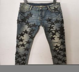 Designers Mens jeans pants Long motorcycle Skinny Leather Fivepointed Star Destroy the quilt Ripped hole Mid jean brand designer 1541905