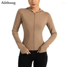 Active Shirts Aiithuug Women's Thumbhole Hooded Yoga Sportswear Slim Fit Elastic Windproof Jacket Zip Up Athletic Running Sweatshirt Long