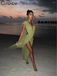 Casual Dresses Cute Solid Shirring Maxi Dress Women Summer Loose Cross Splitted Concise Sleeveless V-neck Vestidos Female Holiday Trend Robe