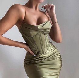 Spaghetti Strap Satin Corset Slip Dress Bodycon Ruched Elegant Midi Party Night Club Gown Fall 20223254117