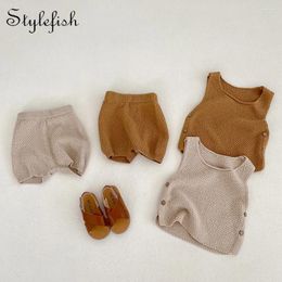 Clothing Sets 2024 Summer Ins Baby Knitted Sweater Thin Vest Open Button Top Shorts For Boys And Girls 2-piece Suit