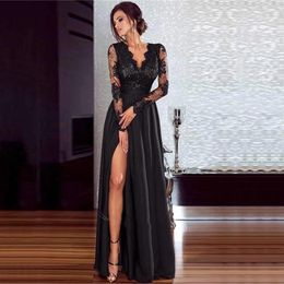 Casual Dresses Floral Lace Mesh Evening Dress Womens Long Sleeve V Neck Split Maxi Elegant Vintage Solid Black Floor-Length Prom