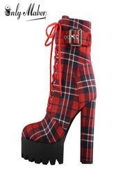 Only Maker Women039s Platform Ankle Boots Buckle Strap Chunky Heel Red Plaid Lace Up Side Zipper Round Toe Booties For Winter 24765705