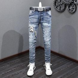 Men's Jeans Street Fashion Elastic Slim Fit Split Letter White Patch Designer High Quality Hip Hop Brand Pants