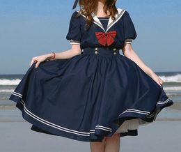 Harajuku Sailor Collar Navy Dress Japanese Lolita Sweet Bowknot Girl Retro Cotton Kawaii Preppy Style Short Sleeve Women 2105196760264