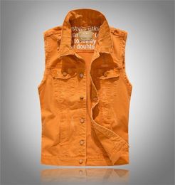 Spring Autumn Mens Vintage Denim Vest Male Orange Sleeveless Jackets Men Rivet Hole Jeans Waistcoats Big Size M5xl Y2011236386917