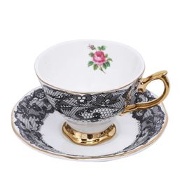 British English Afternoon Tea Bone China Coffee Cup Saucer Black Lace Pattern Ceramic Dessert Dinner Plate Dish Coffeeware Set 240518