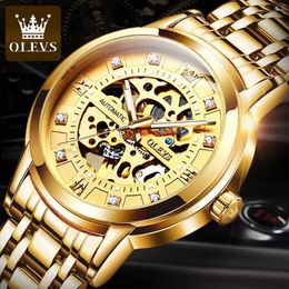 Wristwatches Luxury Gold Skeleton Automatic Mechanical Watches Men Wristwatch Big Dial Stainless Steel Black Clock Luminous Hands Male 9901