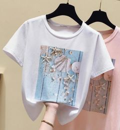 Pink Summer T shirt Women Tops White Tshirt Women Korean Clothes Short Sleeve Casual Purple Sequins Diamond Tee shirt Femme71933863804182