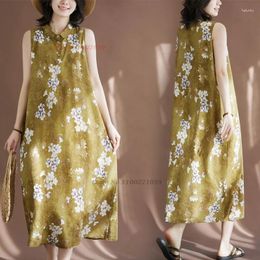 Ethnic Clothing 2024 Chinese Vintage Dress Improved Qipao National Flower Print Cotton Linen Cheongsam Oriental Sleeveless