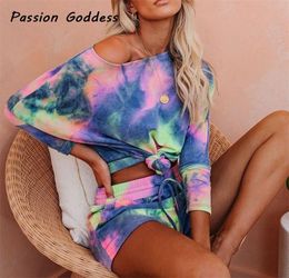 Casual Two Pieces Tie Dye Women Set Lounge Wear Outfits Oversized Long Sleeve T Shirts Drawstring Shorts Set Joggers 2 Piece Set T1213865