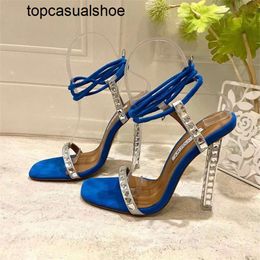 Aquazzura Aura High top quality decorative Crystal heeled sandal rhinestone -encrusted strap spool Heels sky-high heel for women summer luxury designers EXQU