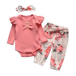 Clothing Sets Borns Infant Baby Girl 3pcs Set Cute Ruffle Trim Romper Top And Floral Pants Hairband Long Sleeve Outfit For Girls