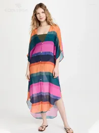 Boho Striped Button Front Open Shirt Dress Sexy V-neck Plus Size Women Summer Clothes Beach Wear Swim Suit Cover Up Kimono Q1391