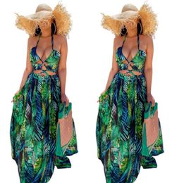 Green Leaves Printing Women Holidays Dresses Sexy Halter Neck Backless Hollow Out A line Party Gowns Real Image Summer Beach Dress8818002