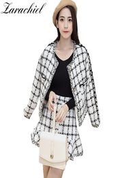 Small Fragrance Pearls Two Piece Set Fall Winter Women Elegant Beading Tweed Plaid Jacket Coat Mini Pencil Mermaid Skirt Suit 201789002